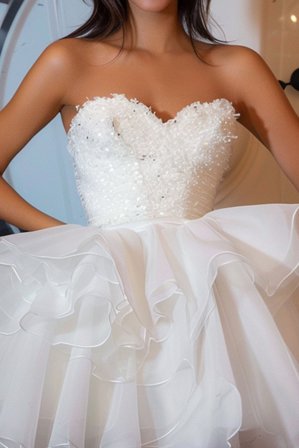 White Ruffled Sweetheart Short Sparkly Homecoming Dress with Sequins